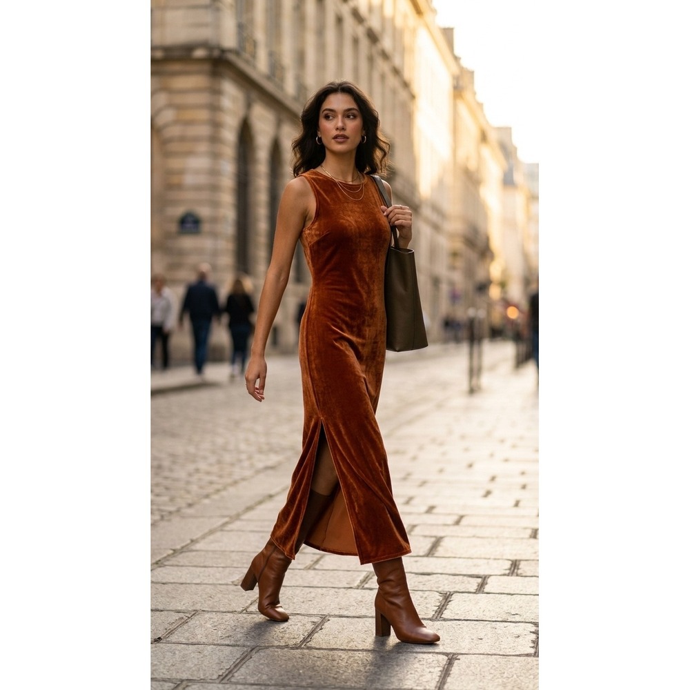 Jalate Womens Burnt Rusty Orange Velvet Sleeveless Maxi Dress Side Slits L